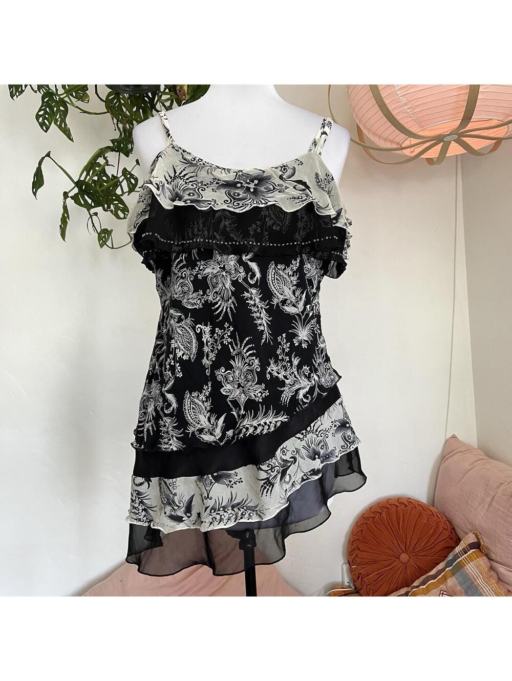 100% Silk Beaded Ruffle Camisole Top Black Floral XL  Separates by NYC Design Co